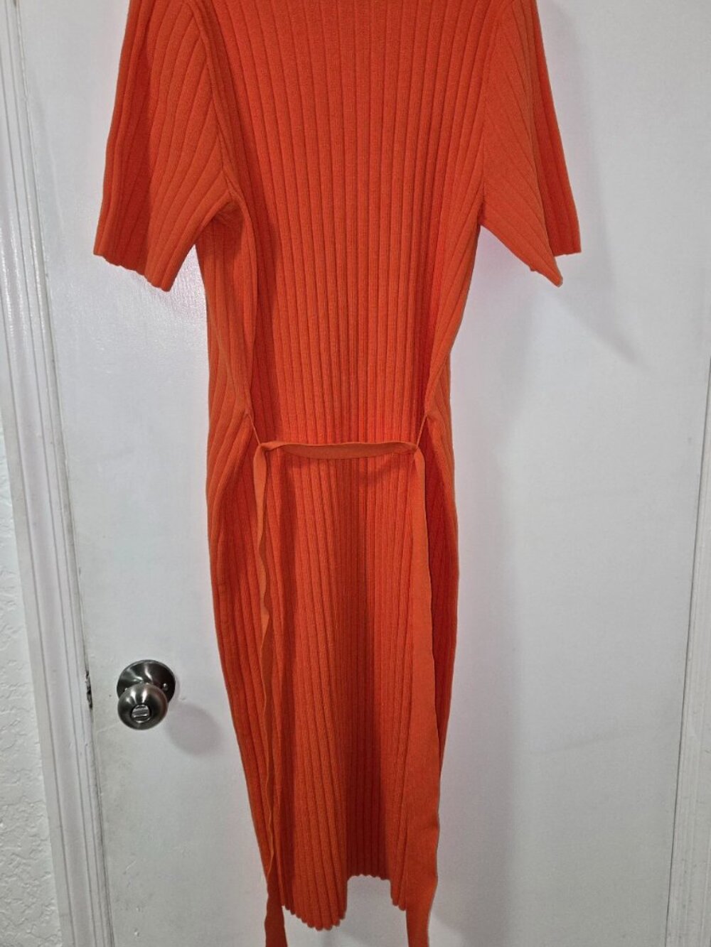 Ann Taylor Factory Rib Knit Tie Waist Midi Dress Coral Orange Size Large - Picture 4 of 4